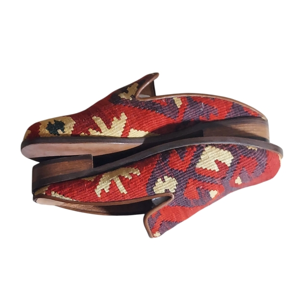 Vintage Red Brown Turkish Wool Rug Mules Slip Ons Stacked Wood Block Heels - Picture 10 of 16